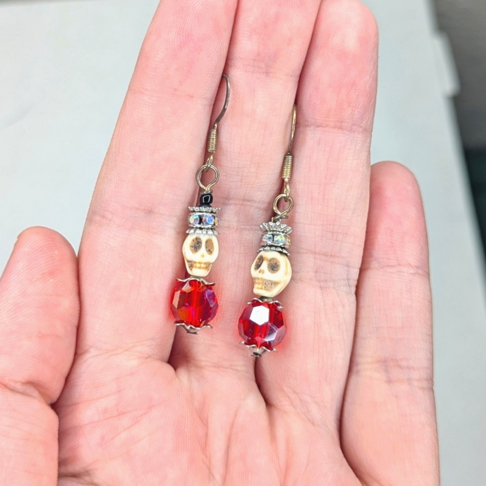 Bright Red Crystal Skull Earrings